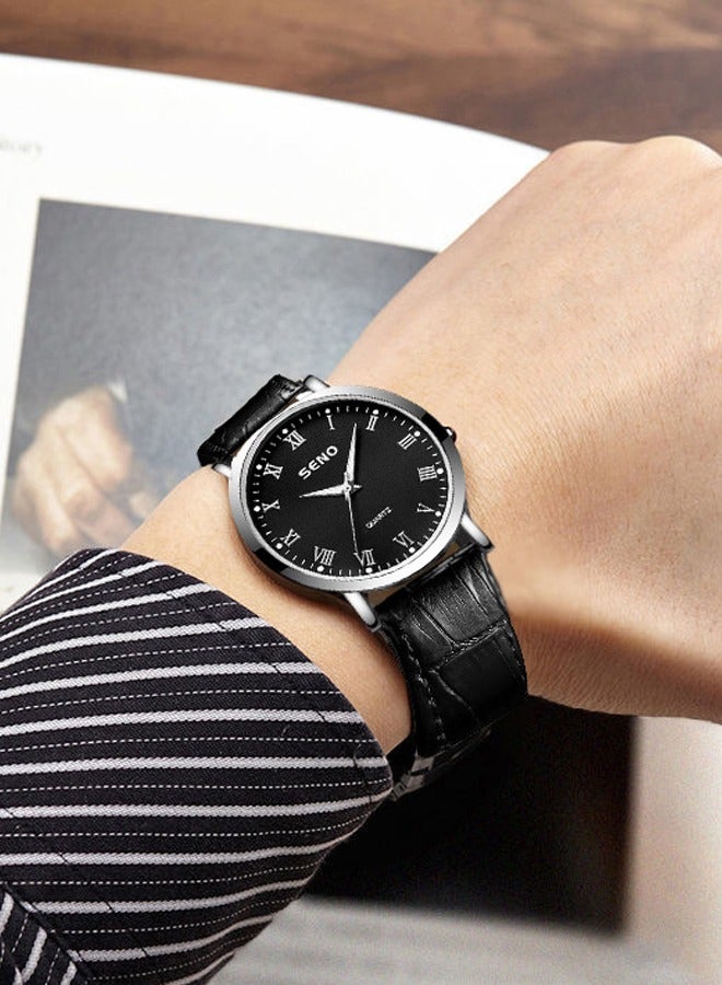 SENO Unisex Couple Watches, Quartz Luminescent Waterproof Wristwatch, Black Leather Strap, Classic Stylish Black Dial. - Image 3