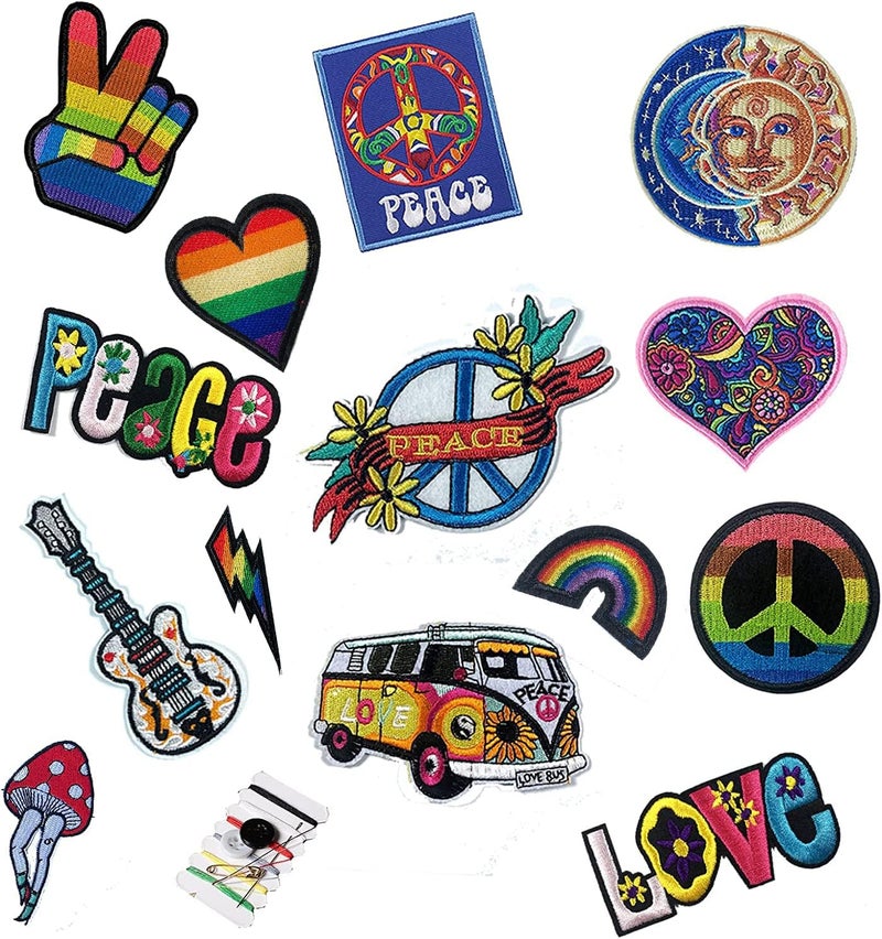 Joynaamn 14 PCS Iron on Patches for Clothing, Embroidered Decoractive Applique with Sewing Kit for Backpack Jackets Jeans Shirt, Sew on DIY Vintage Patches for 1970s Party, Hippie Aesthetic - Image 1