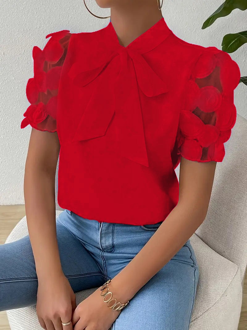 بلوزة نسائية بأكمام قصيرة وربطة أمامية، مناسبة للعمل والكاجوال - Image 2