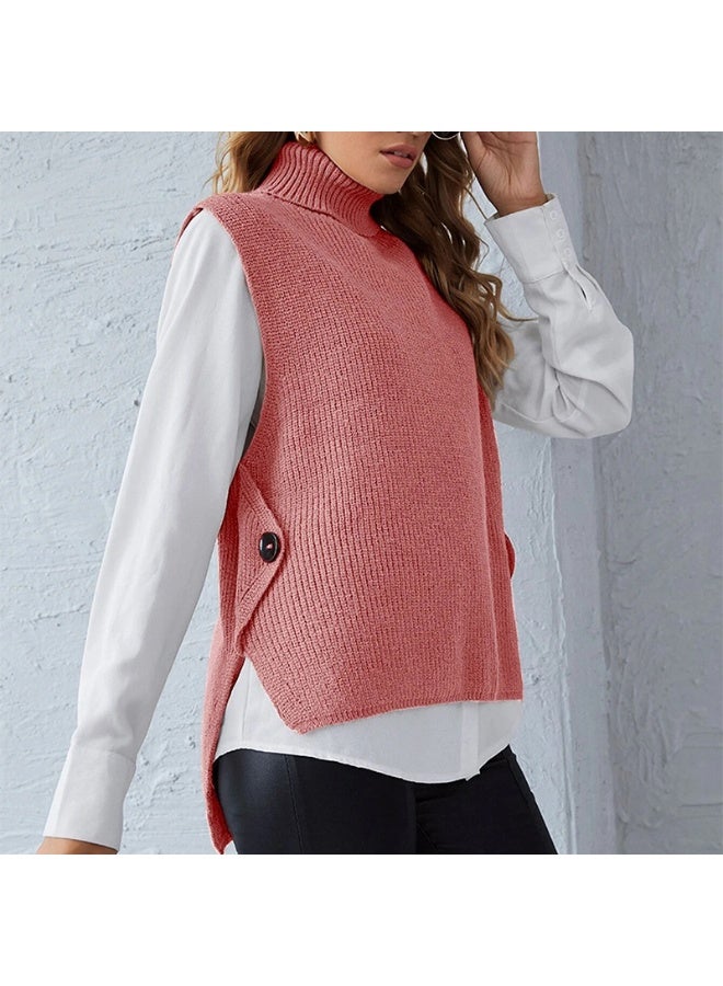 NIBEMINENT Fashion Turtleneck Sweater Vests For Women Knitted Sleeveless Tops  Button Pullovers Autumn Winter - Image 1