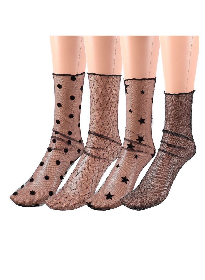 SOLARAE جوارب عالية الكاحل للنساء جوارب شبكية شفافة جوارب كروشيه جوارب كاحل شبكية شفافة جوارب مريحة شفافة للنساء، سوداء، متوسطة 4 أزواج - Image 1