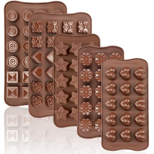 JOERSH 5PCS Silicone Chocolate Molds for Candy, Fat Bombs Snacks & Truffles, 9 Shapes 93 Cavities Candle Soap Wax Melts Mold (Square, Round, Heart, Star, Flower Shapes) - Image 1