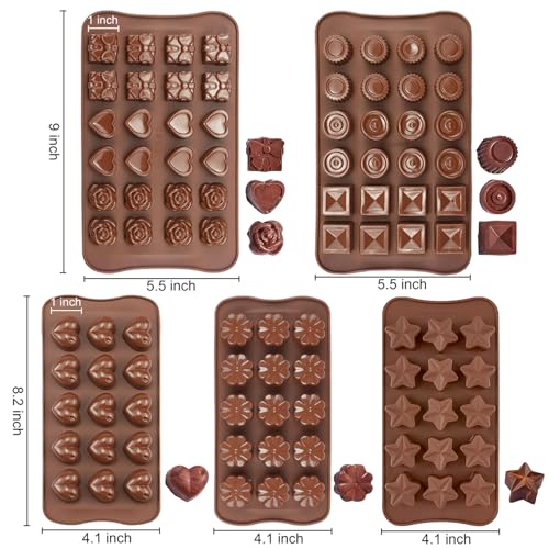 JOERSH 5PCS Silicone Chocolate Molds for Candy, Fat Bombs Snacks & Truffles, 9 Shapes 93 Cavities Candle Soap Wax Melts Mold (Square, Round, Heart, Star, Flower Shapes) - Image 2