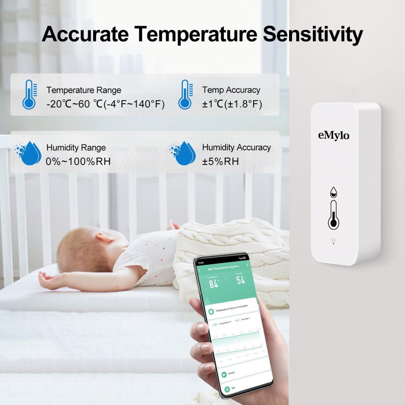 eMylo WiFi Temperature Humidity Sensor, Wireless Indoor Thermometer Hygrometer with App Alert, Free Data Storage Export, Smart Temperature Humidity Monitor for Home Bedroom, Compatible with Alexa (2-Pack) - Image 3