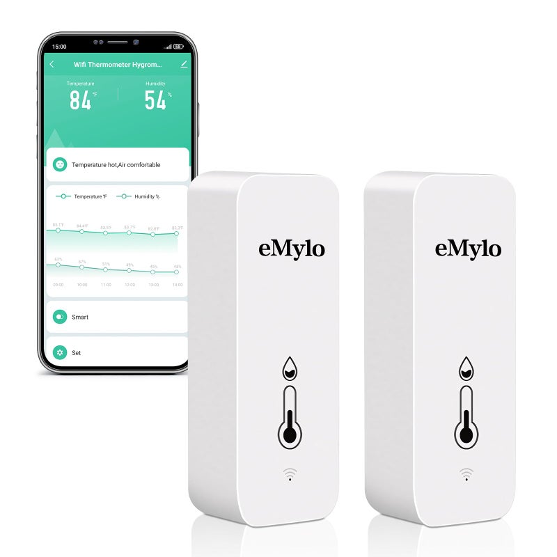eMylo WiFi Temperature Humidity Sensor, Wireless Indoor Thermometer Hygrometer with App Alert, Free Data Storage Export, Smart Temperature Humidity Monitor for Home Bedroom, Compatible with Alexa (2-Pack) - Image 1