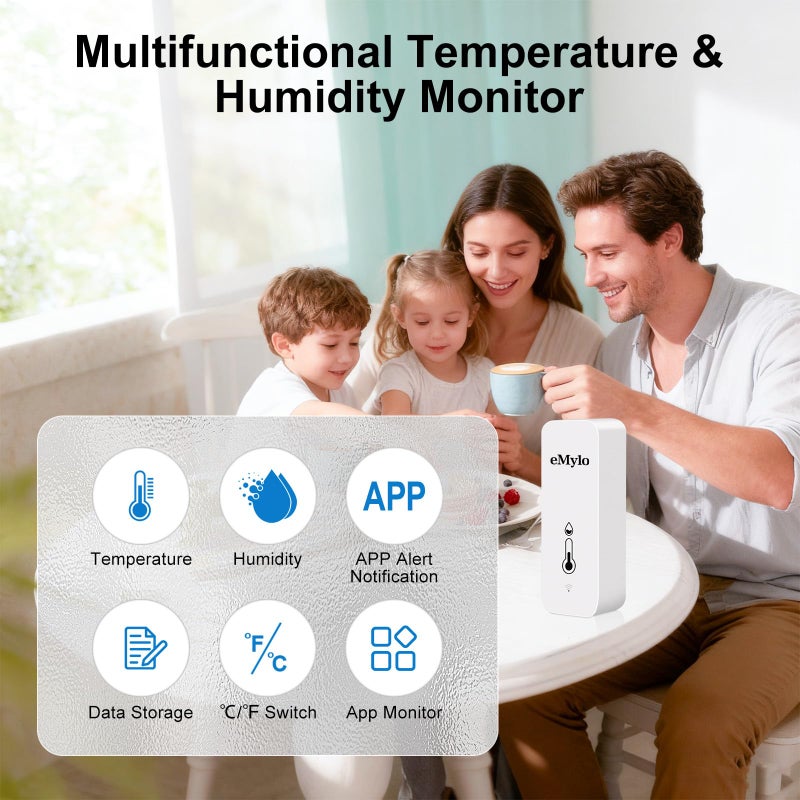eMylo WiFi Temperature Humidity Sensor, Wireless Indoor Thermometer Hygrometer with App Alert, Free Data Storage Export, Smart Temperature Humidity Monitor for Home Bedroom, Compatible with Alexa (2-Pack) - Image 2