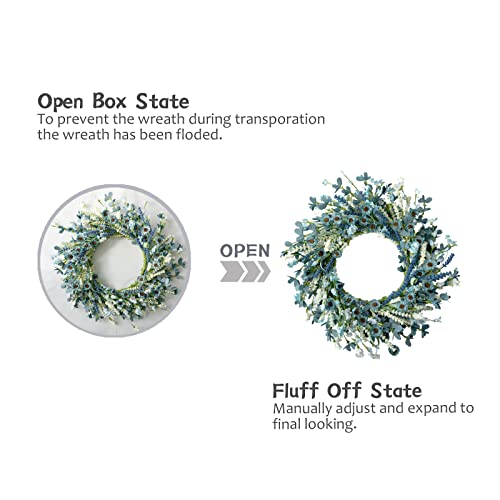 Bibelot 20 Inch Spring Wreath Blue with Green Leaves Wreaths Blue Daisy Artificial Grains White Flower Wreath for Front Door Wreaths,Farmhouse Decor Indoor&Outdoor Wedding Wall Home Decor - Image 3