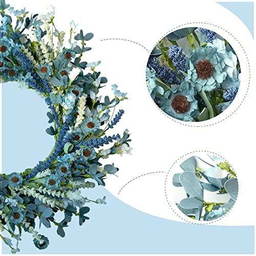Bibelot 20 Inch Spring Wreath Blue with Green Leaves Wreaths Blue Daisy Artificial Grains White Flower Wreath for Front Door Wreaths,Farmhouse Decor Indoor&Outdoor Wedding Wall Home Decor - Image 4