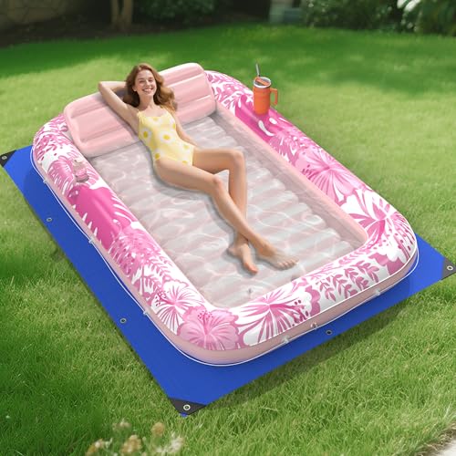 POOLACC Inflatable Tanning Pool Lounger Float with Protection Tarp 85 x 57 Pool Floats Adult with Pillow 6 in 1 Suntan Tub Raft Floatie Sunbathing Water Bed Lounge Blow Up Kids Ball Pit Party GiftsPink - Image 1