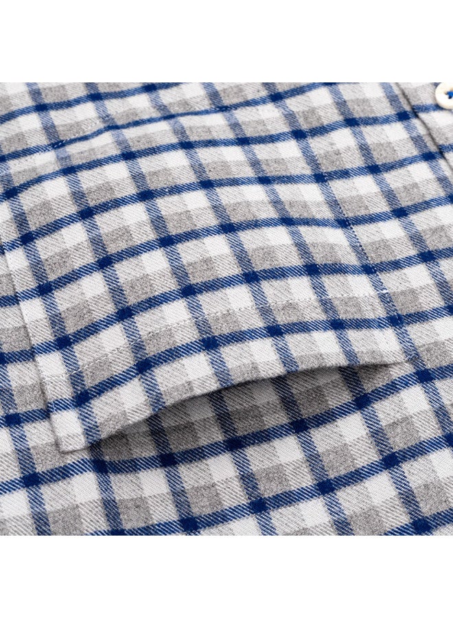 Firs Pure Cotton Brushed Plaid Long Sleeve Shirt For Men Middle-aged And Elderly Business Casual Blue Plaid Fleece Lined Size 44 - Image 1