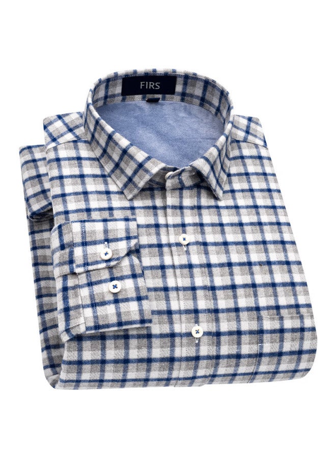 Firs Pure Cotton Brushed Plaid Long Sleeve Shirt For Men Middle-aged And Elderly Business Casual Blue Plaid Fleece Lined Size 44 - Image 5