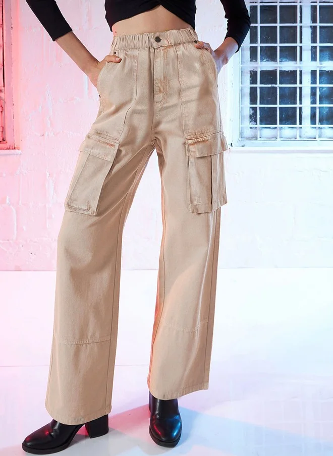 SASSAFRAS Beige High-Rise Cargo Jeans for Women