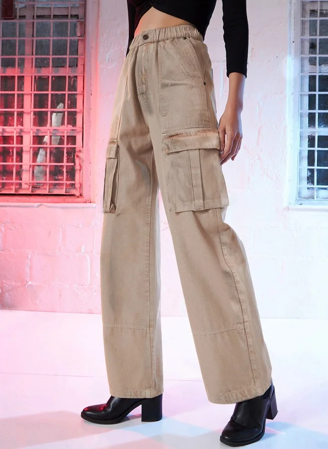 SASSAFRAS Beige High-Rise Cargo Jeans for Women