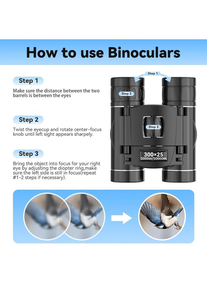 300x25 Binoculars for Adults and Kids, High Powered Mini Pocket Binoculars with Phone Adapter, Waterproof Compact Binoculars for Bird Watching, Hunting, Concert, Theater, Traveling - Image 5