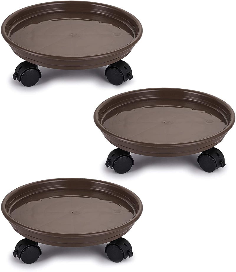 Fasmov 3 Pcs Plant Pallet Caddy Plant Stand Round Flower Pot Mover, Plant Pot Pallet Dolly Caster with Universal Wheels (Brown) - Image 1