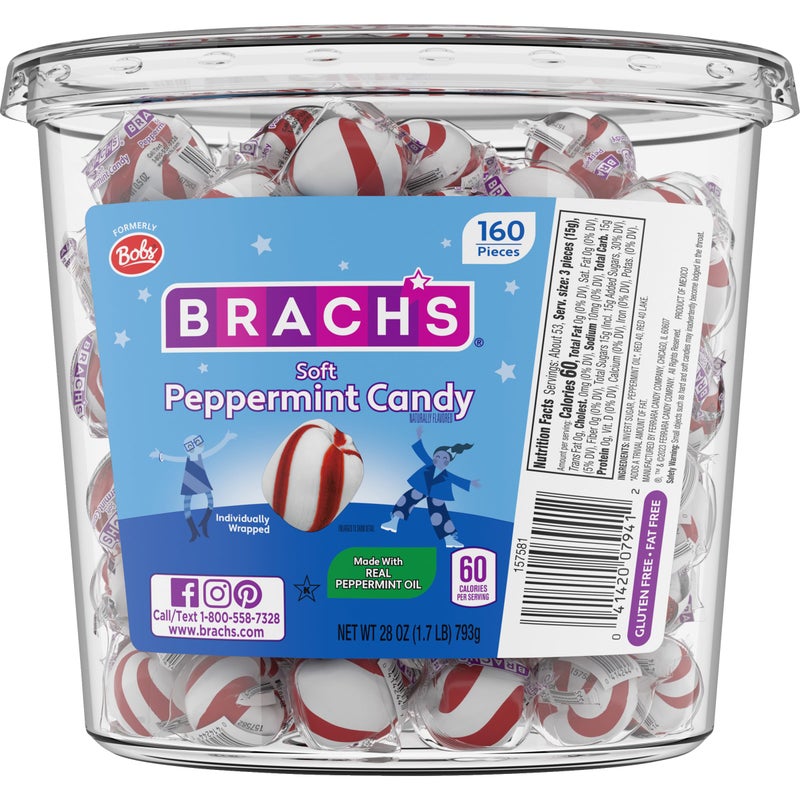 Brach's Brachs Bobs Sweet Stripes Soft Peppermint Candy 160 IndividuallyWrapped Pieces 28 Ounce Jar - Image 3