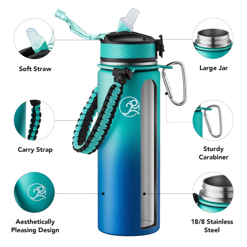 GOSWAG Insulated Sports Water Bottle, 24oz 2 Lids(with Straw/No Straw), Stainless Steel Water Bottles with Paracord Handle, Insulated Bottle with Double-Wall Vacuum Insulation - Image 3