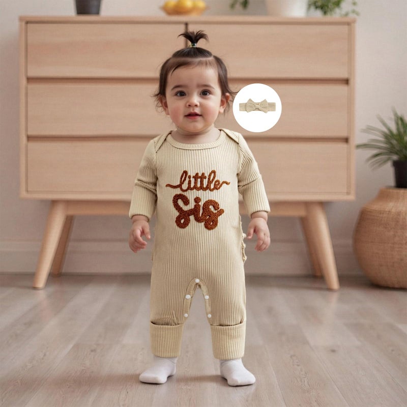 allshope Infant Baby Girl Fall Outfit Sweatshirt Romper Little Sister Lil Sis Long Sleeve Jumpsuit Newborn Clothes (Little Sis Beige, Newborn) - Image 2