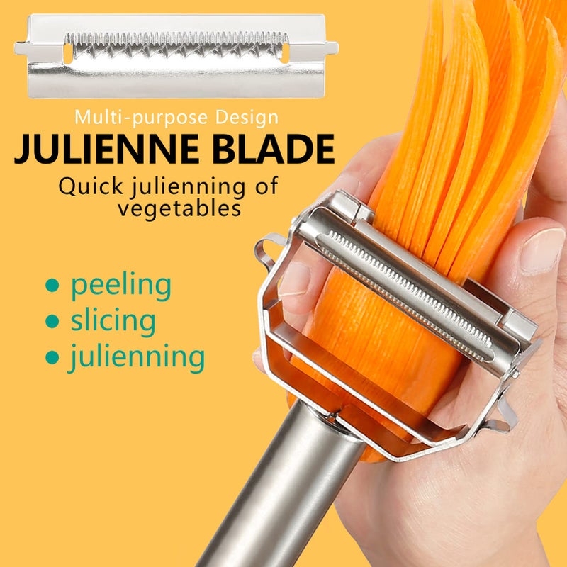 iziusy Stainless Steel Peeler Julienne Cutter Slicer for Carrot Potato Melon Vegetable and Fruit with Cleaning Brush - Image 2