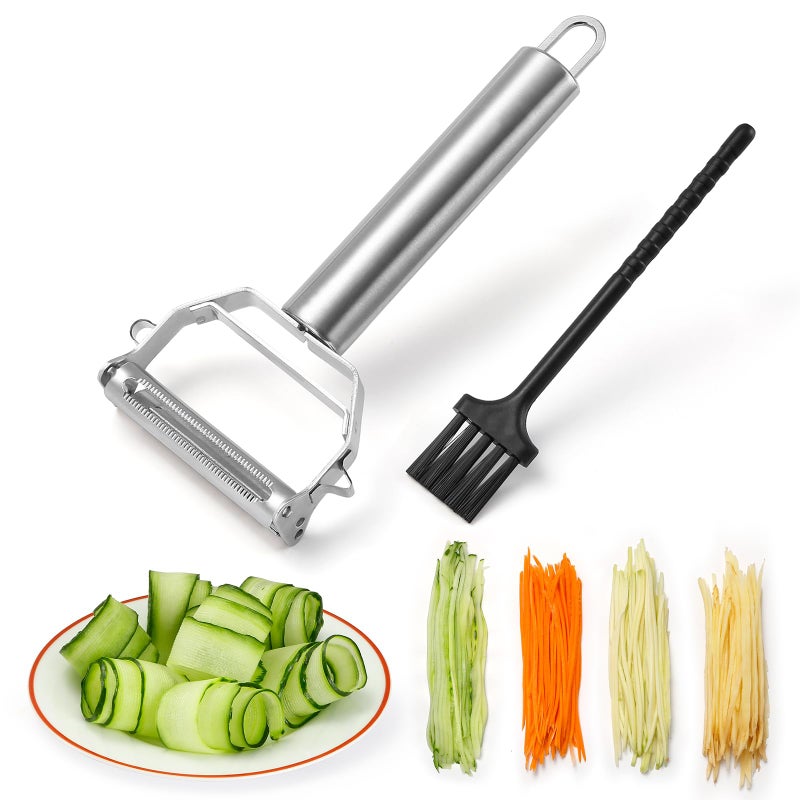 iziusy Stainless Steel Peeler Julienne Cutter Slicer for Carrot Potato Melon Vegetable and Fruit with Cleaning Brush - Image 1