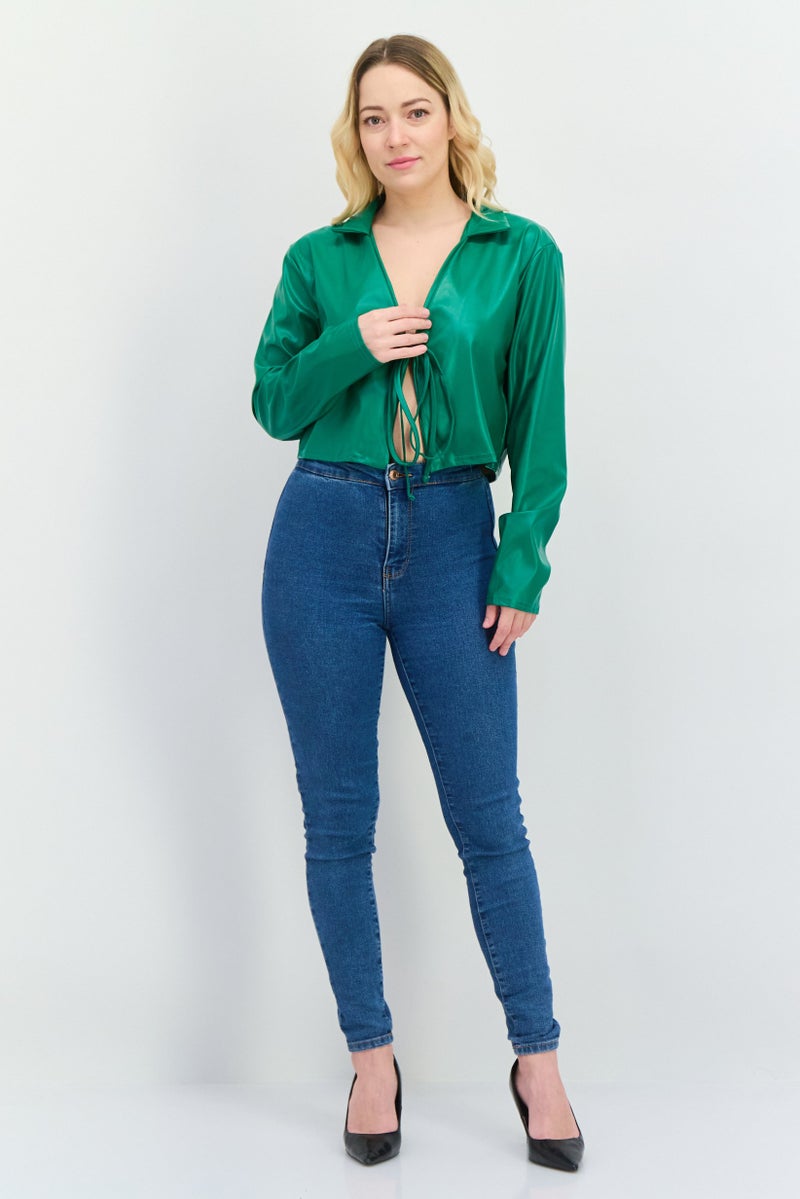 I SAW IT FIRST Women Faux Leather Cardigan, Green  - Image 4