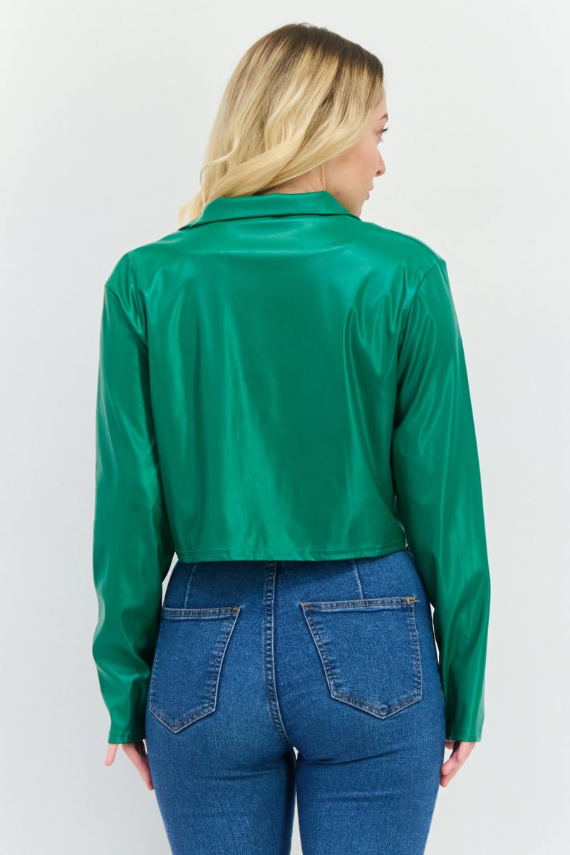 I SAW IT FIRST Women Faux Leather Cardigan, Green  - Image 3