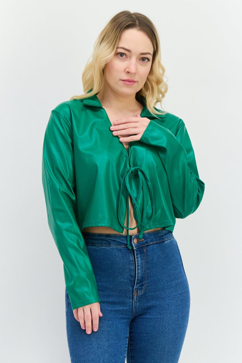 I SAW IT FIRST Women Faux Leather Cardigan, Green  - Image 1
