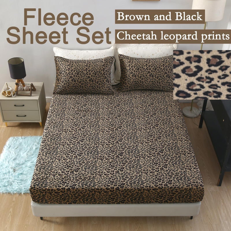 MAG 3Pcs Cheetah Fleece Fitted Sheet Full Size, Super Cute Fluffy Warm Leopard Print Decor Bottom Sheets,included1*Fitted Sheet and 2*Pillowcases. - Image 2