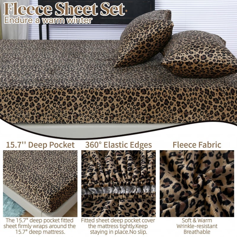 MAG 3Pcs Cheetah Fleece Fitted Sheet Full Size, Super Cute Fluffy Warm Leopard Print Decor Bottom Sheets,included1*Fitted Sheet and 2*Pillowcases. - Image 3