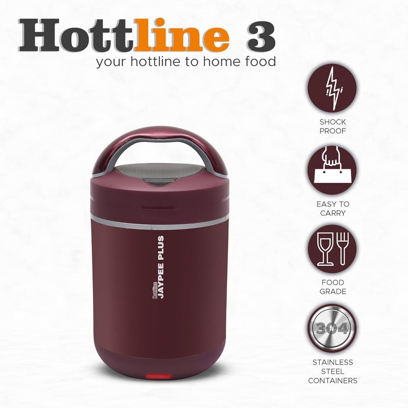 JAYPEE PLUS Hottline 3-320X3 ml Inner Stainless Steel Electric Lunch Box for Men & Women|Shockproof Design|BPA Free|Reheat Food in 30 Minutes|Convenience case for Power Cord|Maroon - Image 4