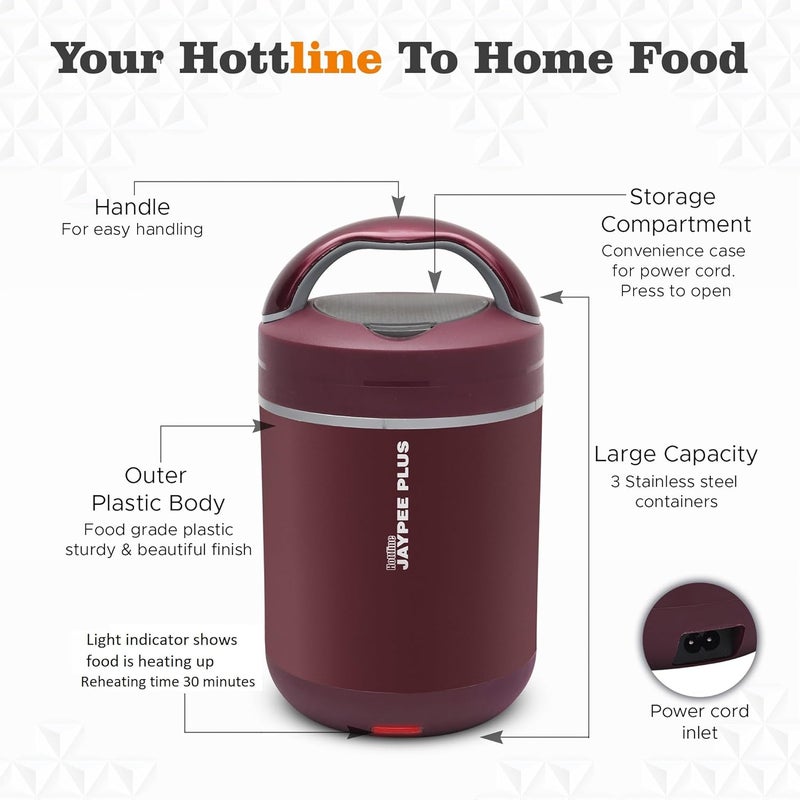 JAYPEE PLUS Hottline 3-320X3 ml Inner Stainless Steel Electric Lunch Box for Men & Women|Shockproof Design|BPA Free|Reheat Food in 30 Minutes|Convenience case for Power Cord|Maroon - Image 3