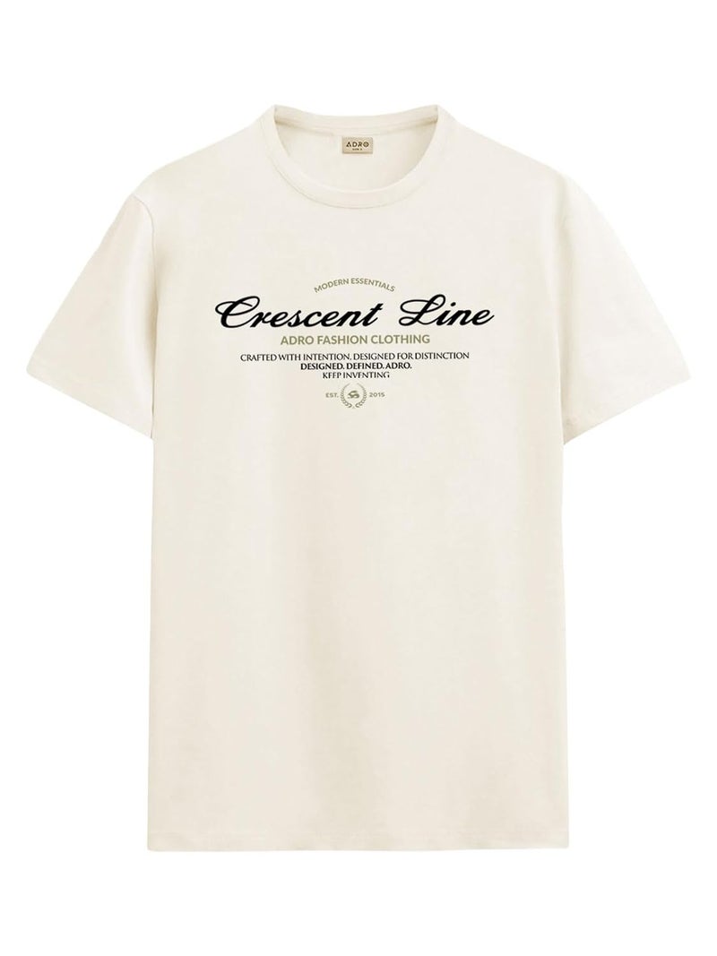 adro تي شيرت ADRO للرجال بقصة عادية - تصميم طباعة خط الهلال بلون الرمال البيضاء - Image 1