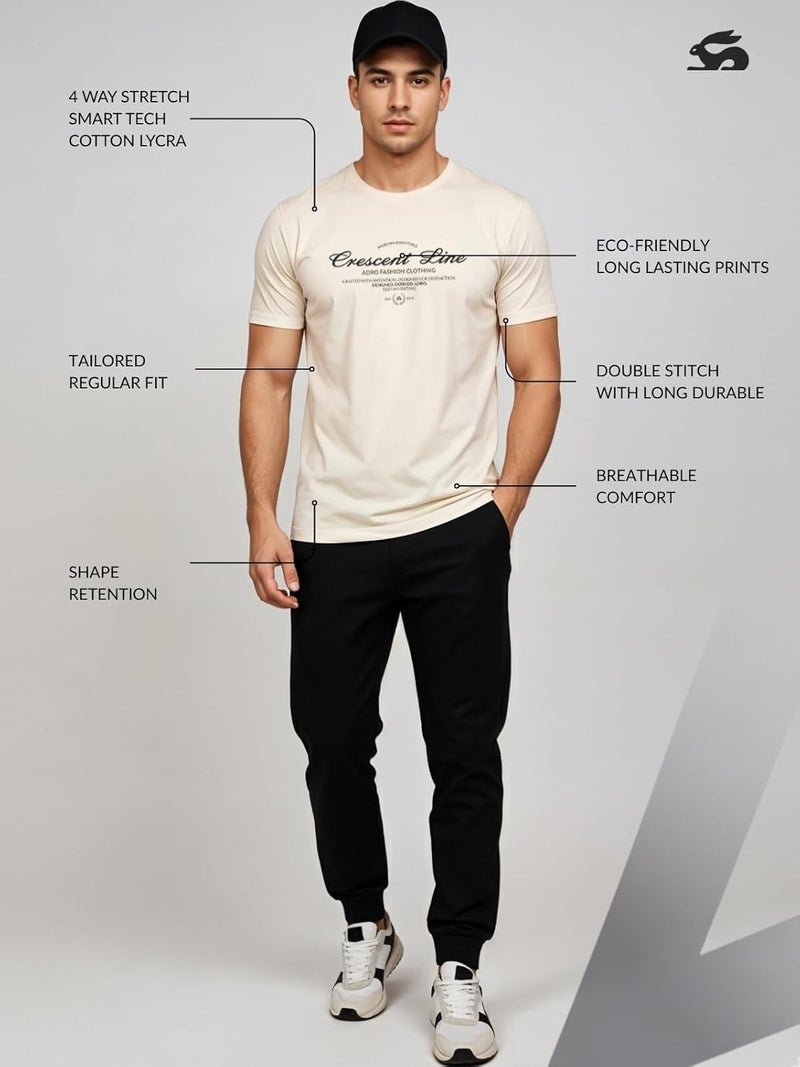 adro تي شيرت ADRO للرجال بقصة عادية - تصميم طباعة خط الهلال بلون الرمال البيضاء - Image 3