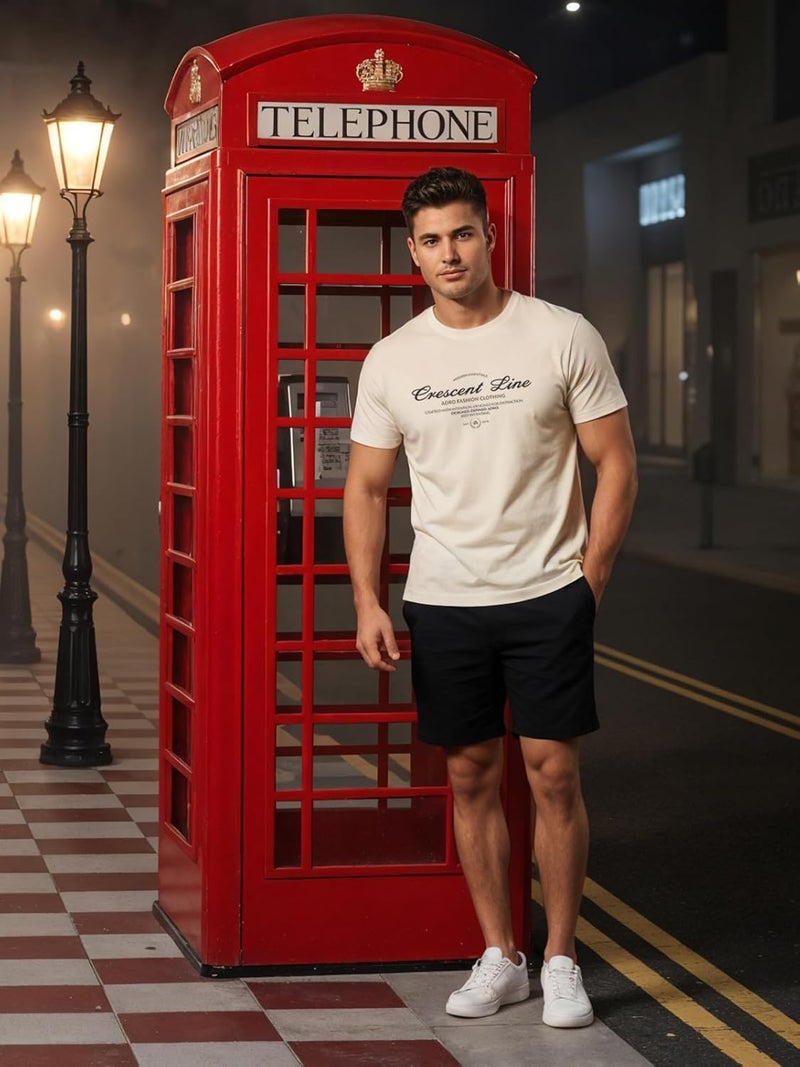 adro تي شيرت ADRO للرجال بقصة عادية - تصميم طباعة خط الهلال بلون الرمال البيضاء - Image 5