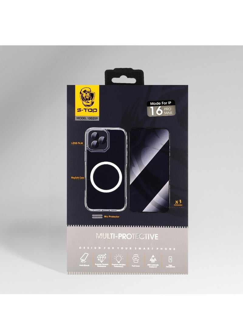 اس-توب بكج الحماية الكاملة الجديد لـ آيفون 16 برو مع كفر يدعم الشحن اللاسلكي (MagSafe) و مسكة بتصميم رائع وفريد للجراب حماية كاملة لجهازك ضد الخدوش والسقوط (10in1)البكج الأصلي من S-TOP - Image 1