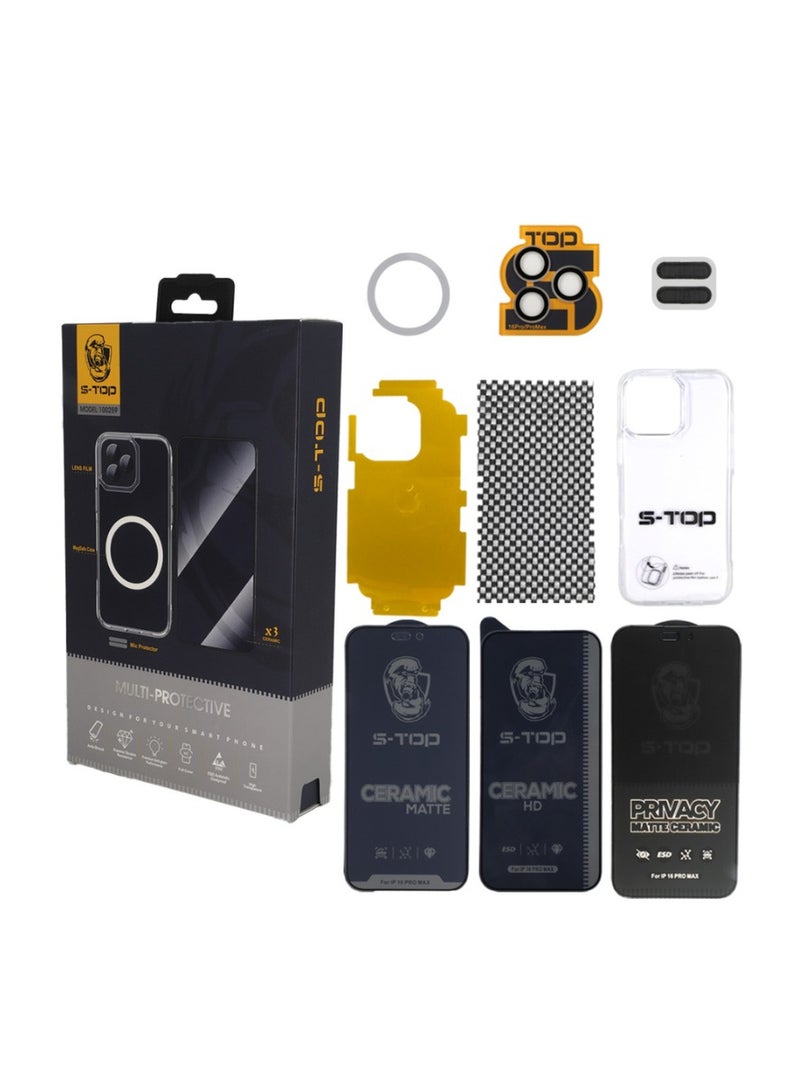 اس-توب بكج الحماية الكاملة الجديد لـ آيفون 16 برو مع كفر يدعم الشحن اللاسلكي (MagSafe) و مسكة بتصميم رائع وفريد للجراب حماية كاملة لجهازك ضد الخدوش والسقوط (10in1)البكج الأصلي من S-TOP - Image 2