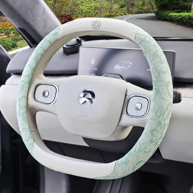 Camellia Flower Steering Wheel Cover - Cute, Breathable, All-Season Universal Lace Design - Dark Night Charm [D-Shaped] - Image 4