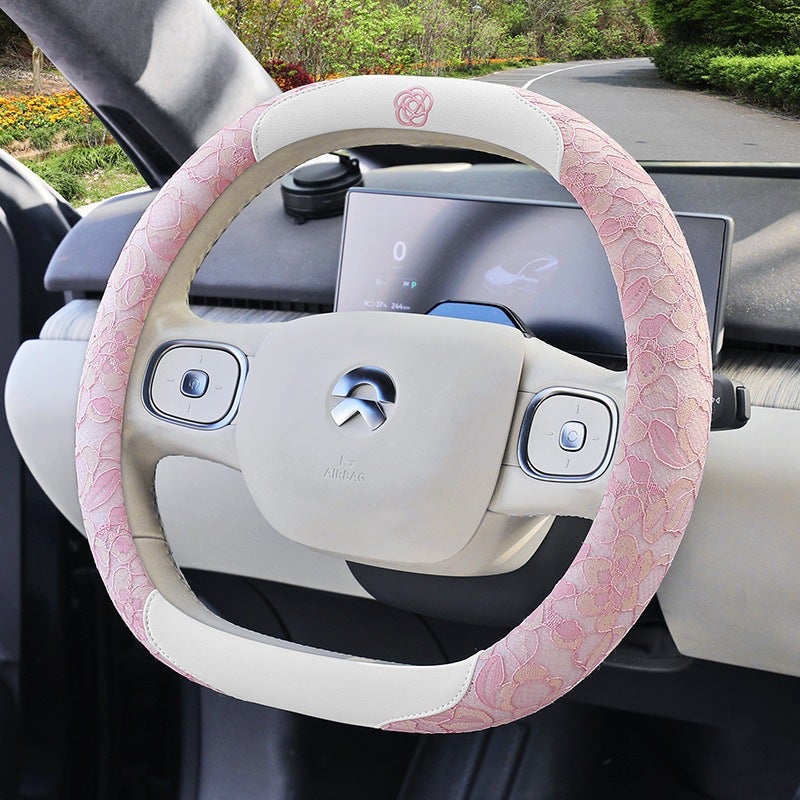 Camellia Flower Steering Wheel Cover - Cute, Breathable, All-Season Universal Lace Design - Dark Night Charm [D-Shaped] - Image 5