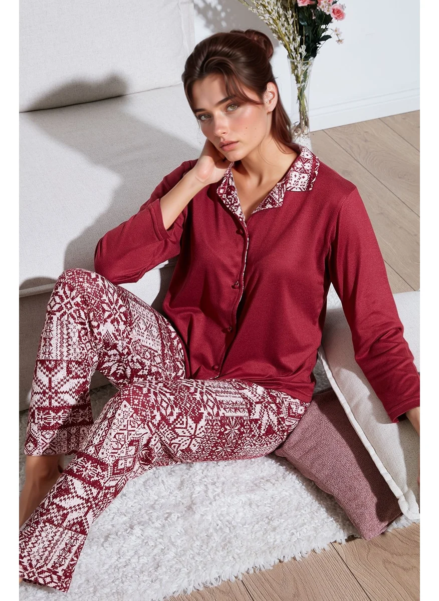 Lela Patterned Regular Fit Open Collar Elastic Waist Wide Leg Pajama Set Women's PAJAMAS SET 65714300