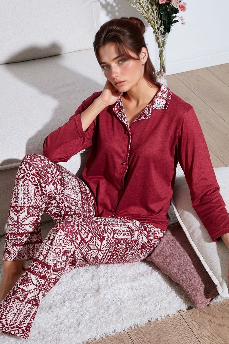 Lela Patterned Regular Fit Open Collar Elastic Waist Wide Leg Pajama Set Women's PAJAMAS SET 65714300  - Image 1
