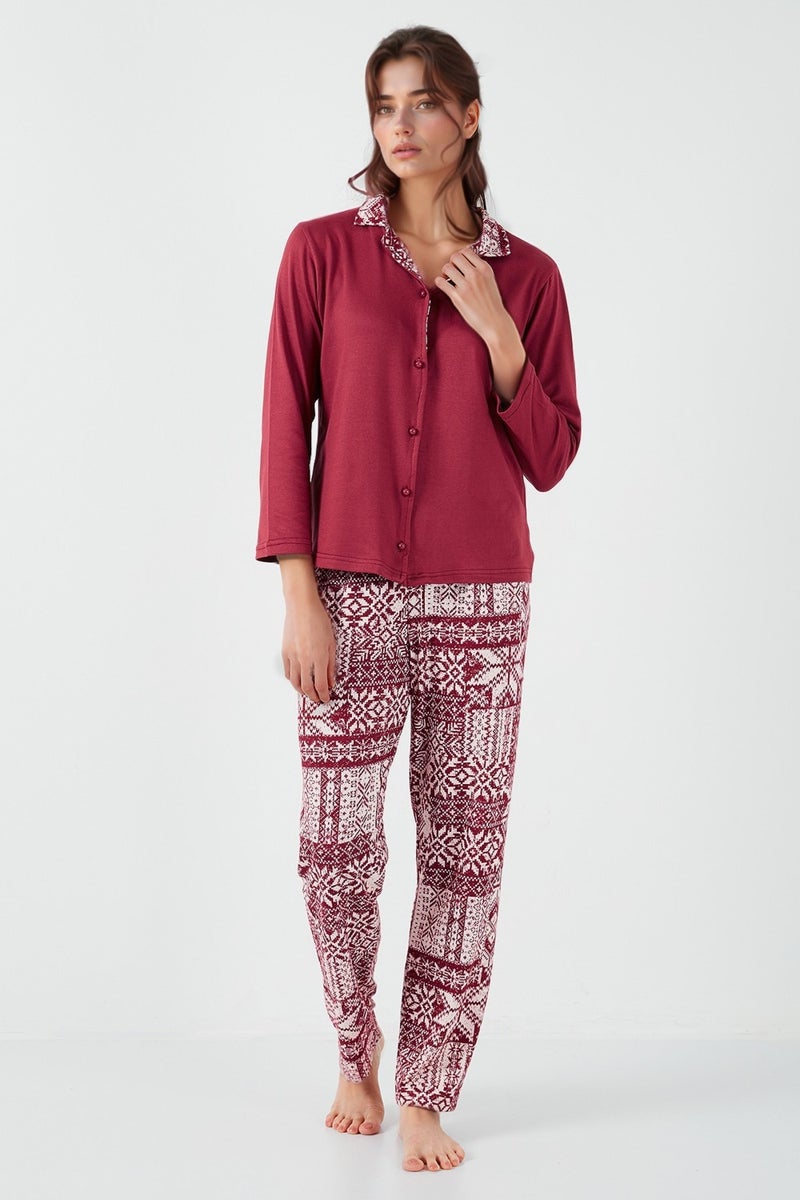 Lela Patterned Regular Fit Open Collar Elastic Waist Wide Leg Pajama Set Women's PAJAMAS SET 65714300  - Image 3