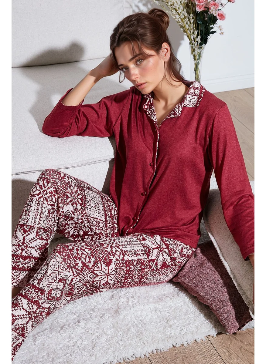 Lela Patterned Regular Fit Open Collar Elastic Waist Wide Leg Pajama Set Women's PAJAMAS SET 65714300