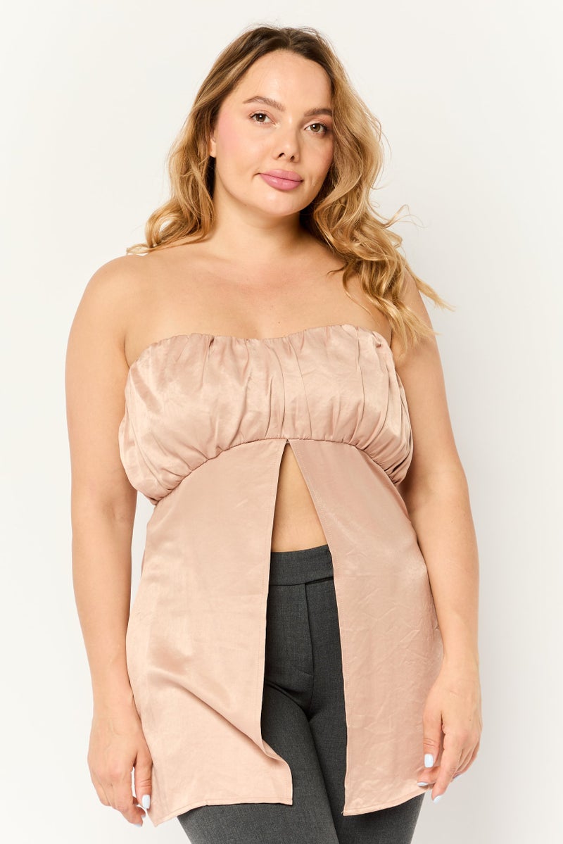 4th & Reckless Women Tall Straight Across Neckline Strapless Plain Tube Top, Tan - Image 1