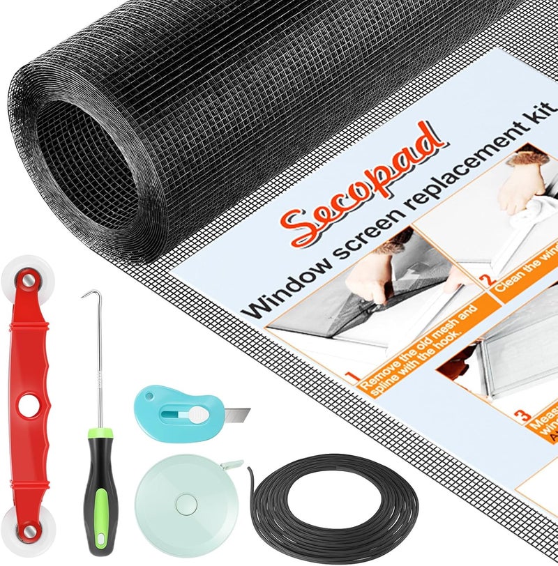 Secopad Window Screen Door Repair Kit, 39" x 78" Screen Door Mesh Replacement Kit, Durable Fiberglass Mesh Roll with Tools for Windows Doors Patio and Porch Replacement, Black - Image 1