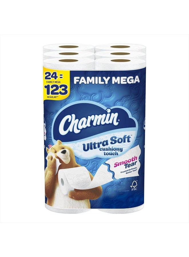 Charmin Ultra Soft Cushiony Touch Toilet Paper, 24 Family Mega Rolls = 123 Regular Rolls - Image 1