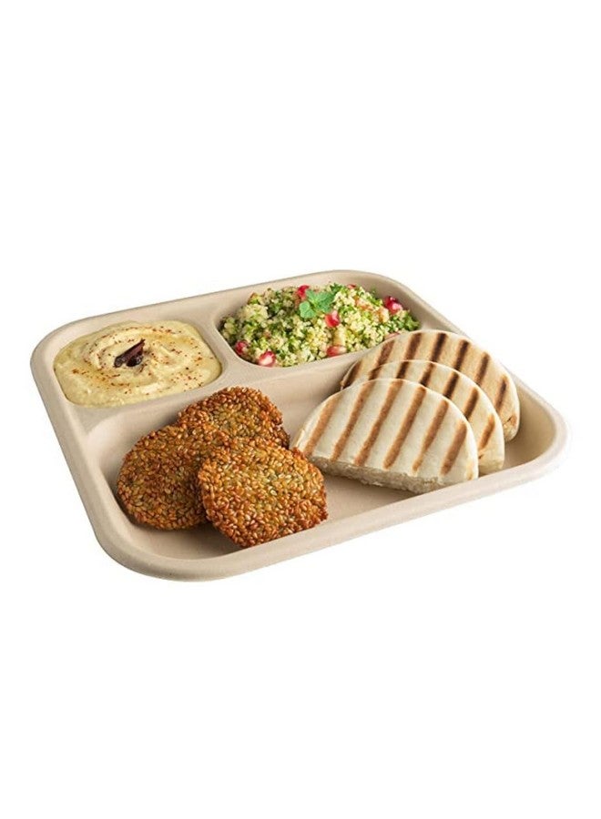 SANWALSA [3-Compartment, 50 Count, Beige Disposable Bagasse Plates | Eco-Friendly Sugarcane Meal Tray for Wedding, Party, Picnic, Event | Mess-Free Sections - Image 1