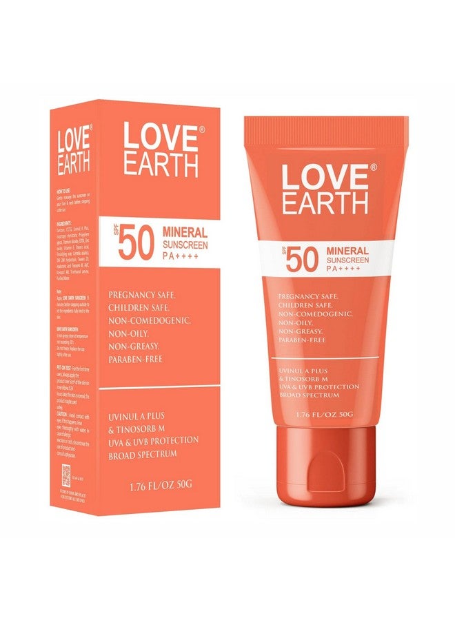 Love Earth Mineral Sunscreen SPF 50 PA++++| No White Cast | UV Protection | Non-Oily | Non-Greasy | Paraben-Free | All Skin Types | For Women & Men | Safe for pregnant and lactating women | 50g - Image 1