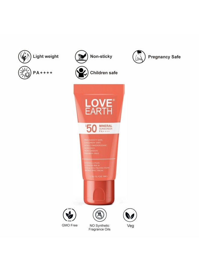 Love Earth Mineral Sunscreen SPF 50 PA++++| No White Cast | UV Protection | Non-Oily | Non-Greasy | Paraben-Free | All Skin Types | For Women & Men | Safe for pregnant and lactating women | 50g - Image 3