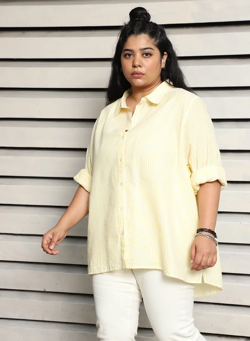 HIGH STAR Women's Multicolour 100% Cotton Striped Button Down Oversized Shirt