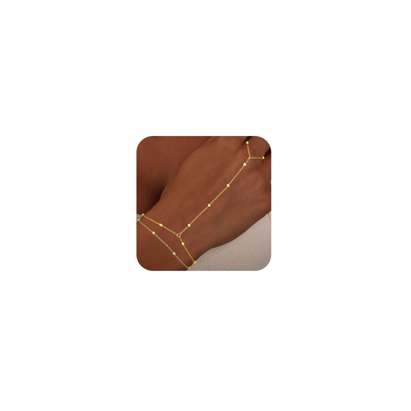 TITUTHIA Gold Bracelets for Women Non Tarnish, Trendy Gold Hand Chain Bracelet Stack 14k Gold Filled Finger Ring Bracelet Hand Chain Layered Beads for Bracelets Set Gold Jewelry Gifts for Women - Image 1